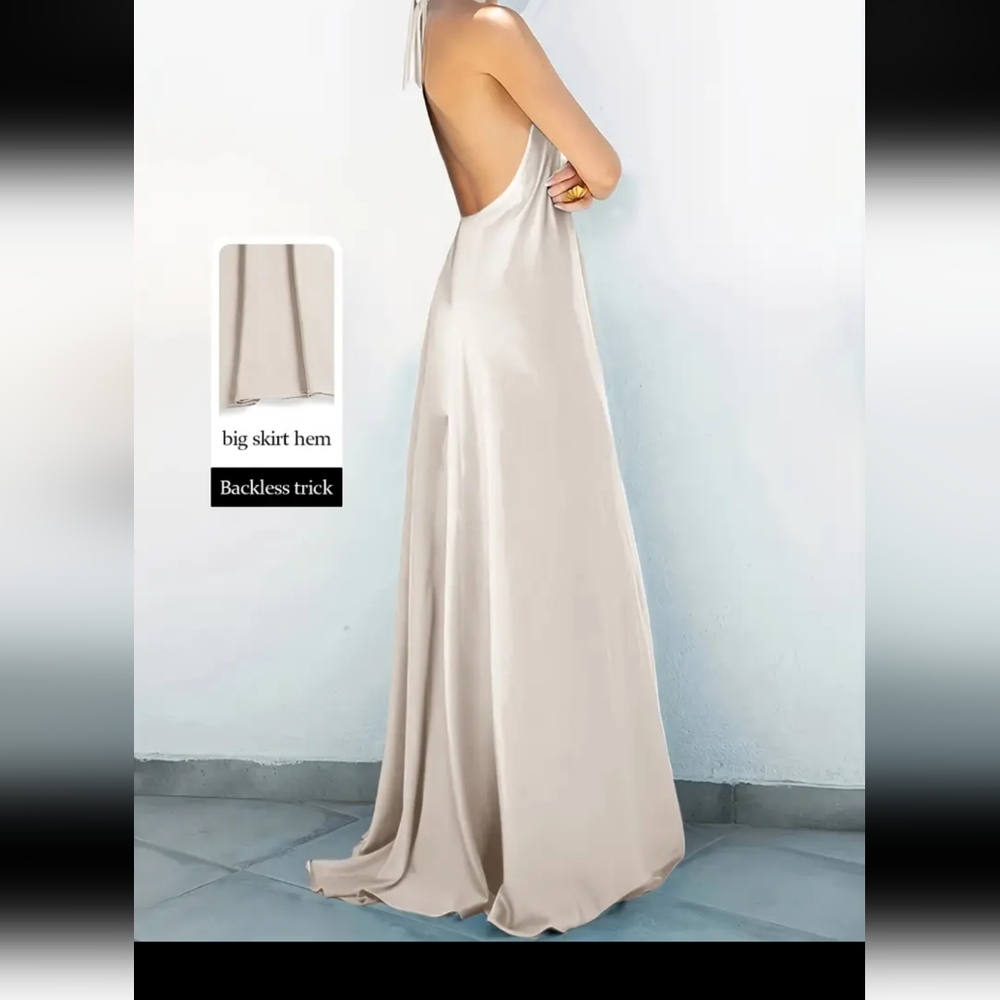 Elegant Cream Halter Neck Gown Formal Maxi Color Beige Woman Dress Flattering - Picture 2 of 7